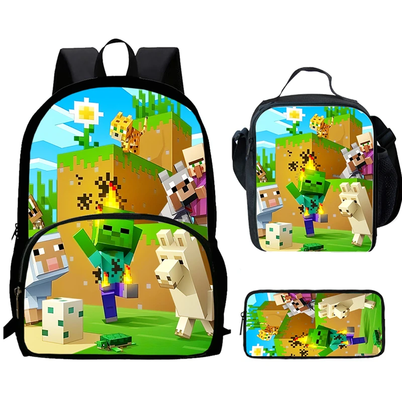 

Cartoon M-ini-C-raft Child Backpack with Front Pocket,Lunch Bags,Pencil Bags for Aged 5-10,Cartoon School Bags for Boys Girls