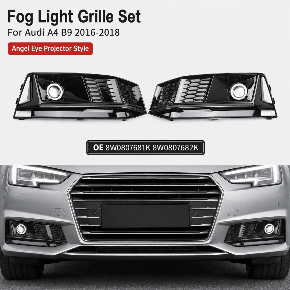 Fog Light Grille Set For Audi A6 C7 2012-2014 A4 B9 2016-2018 A7 S7 2012-2015 Sport Bumper Mesh Angel Eye Projector Covers Parts