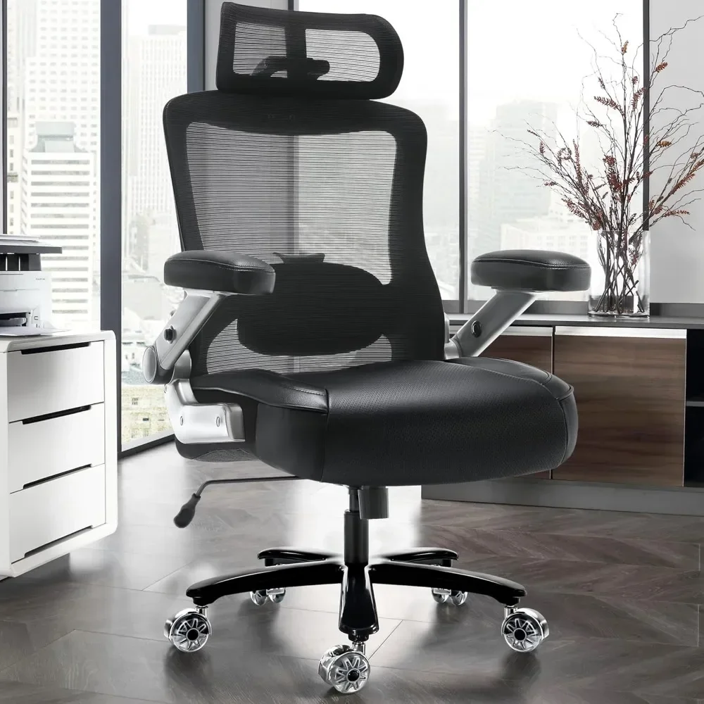 500lbs Big and Tall Office Chair- Heavy Duty Executive Computer Chair with 3D Flip Arms Large Wheels, Ergonomic Mesh High Back