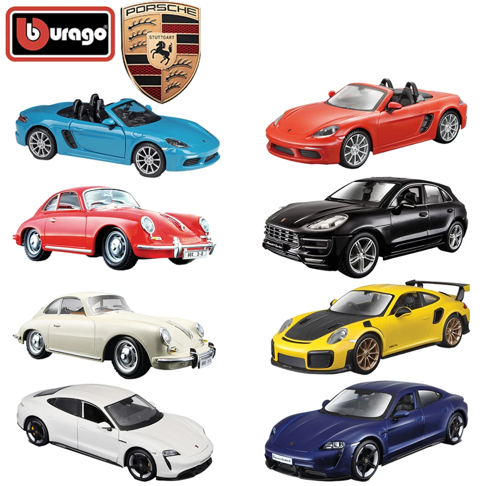 Original Burago X Porsche 1:24 Car Model Good Gifts for Kids Fans Porsche Taycan Macan 356B Coupe 718 Boxster Action Car Model