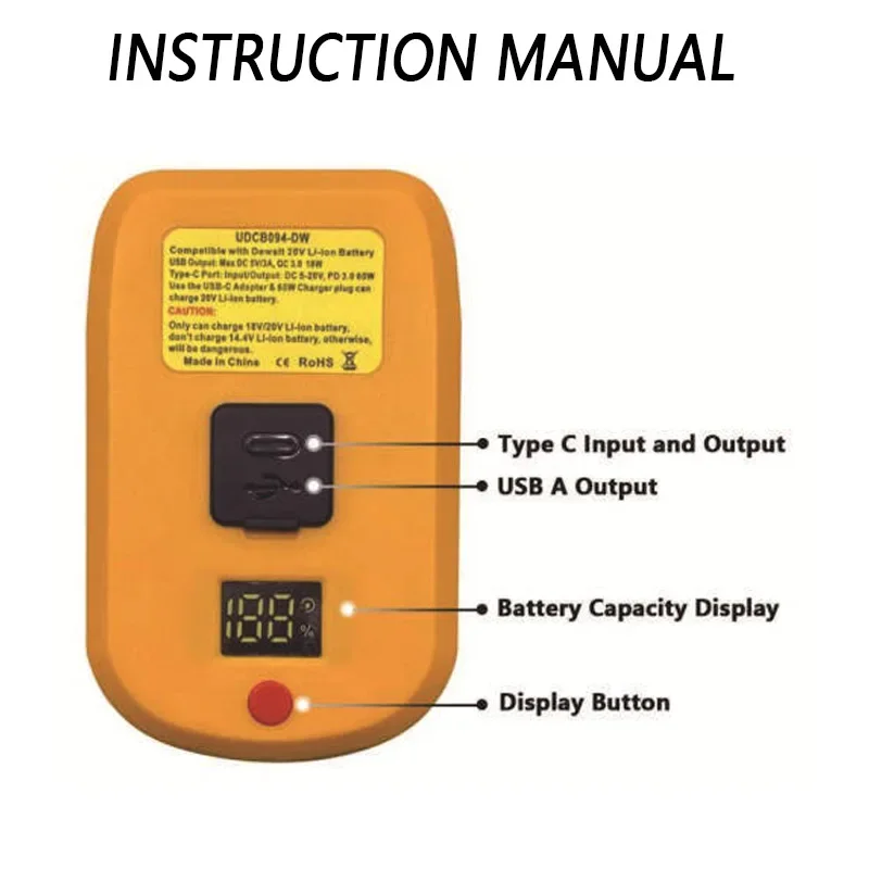 Adapter Charger for Makita/Bosch/Milwaukee/Dewalt 18V Li-ion Battery with USB Type-C Input Output Charger Fast Charging