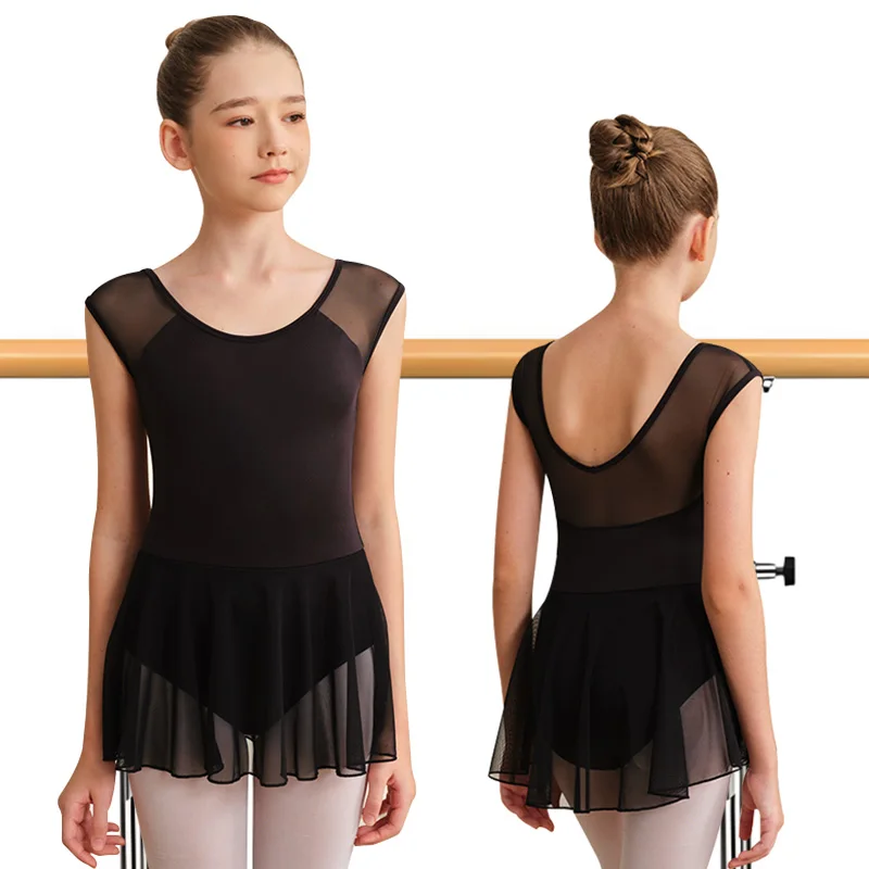 여아 메쉬 캡 슬리브 드레스 발레 댄스 레오타드 여아용 체조 댄스 스커트 U 백리스 및 부드러운 안감 댄스웨어