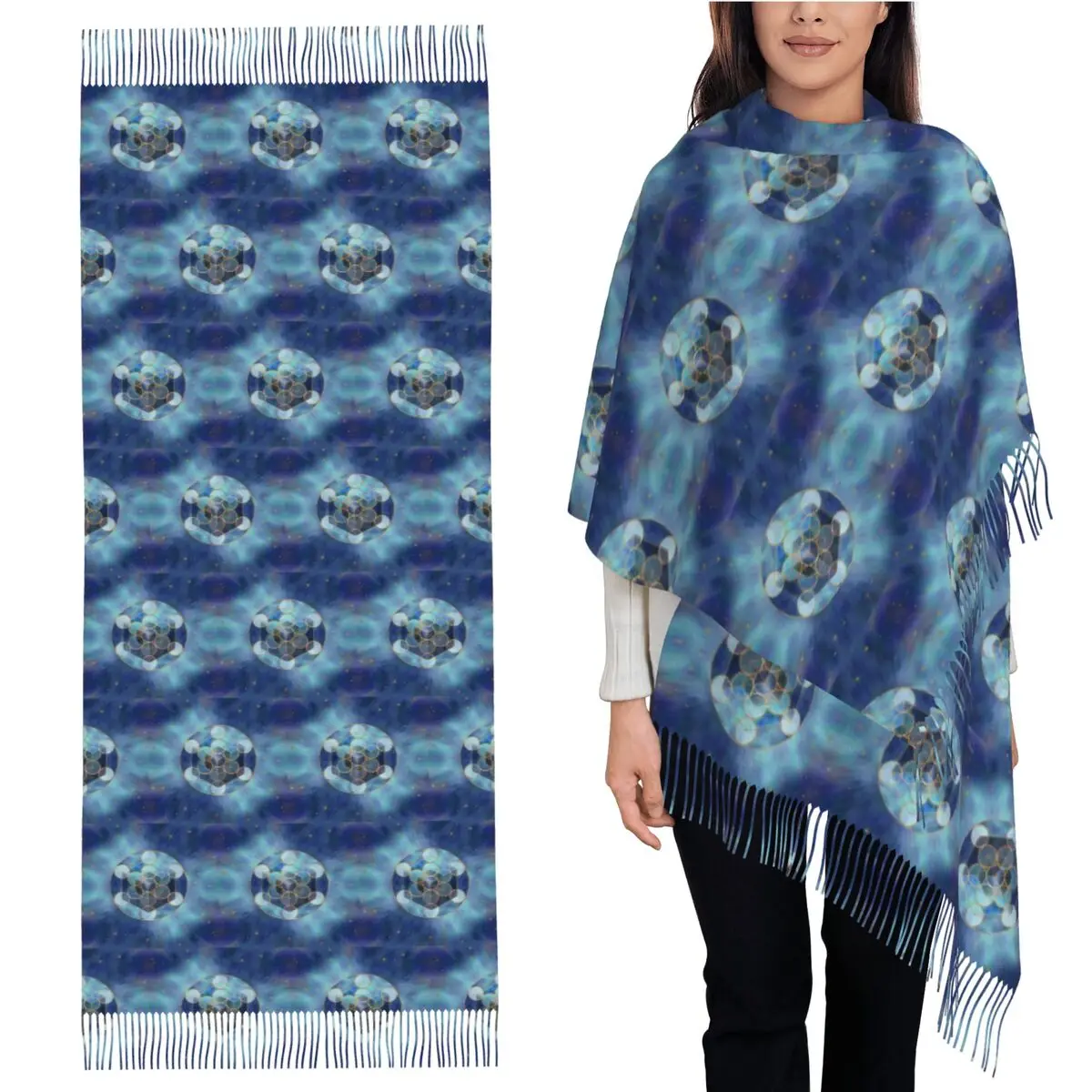 

Кубик Метатрона, шарф с сакральной геометрией, шарфы с кисточками для женщин, мягкие теплые шали и накидки, длинная осенне-зимняя шаль