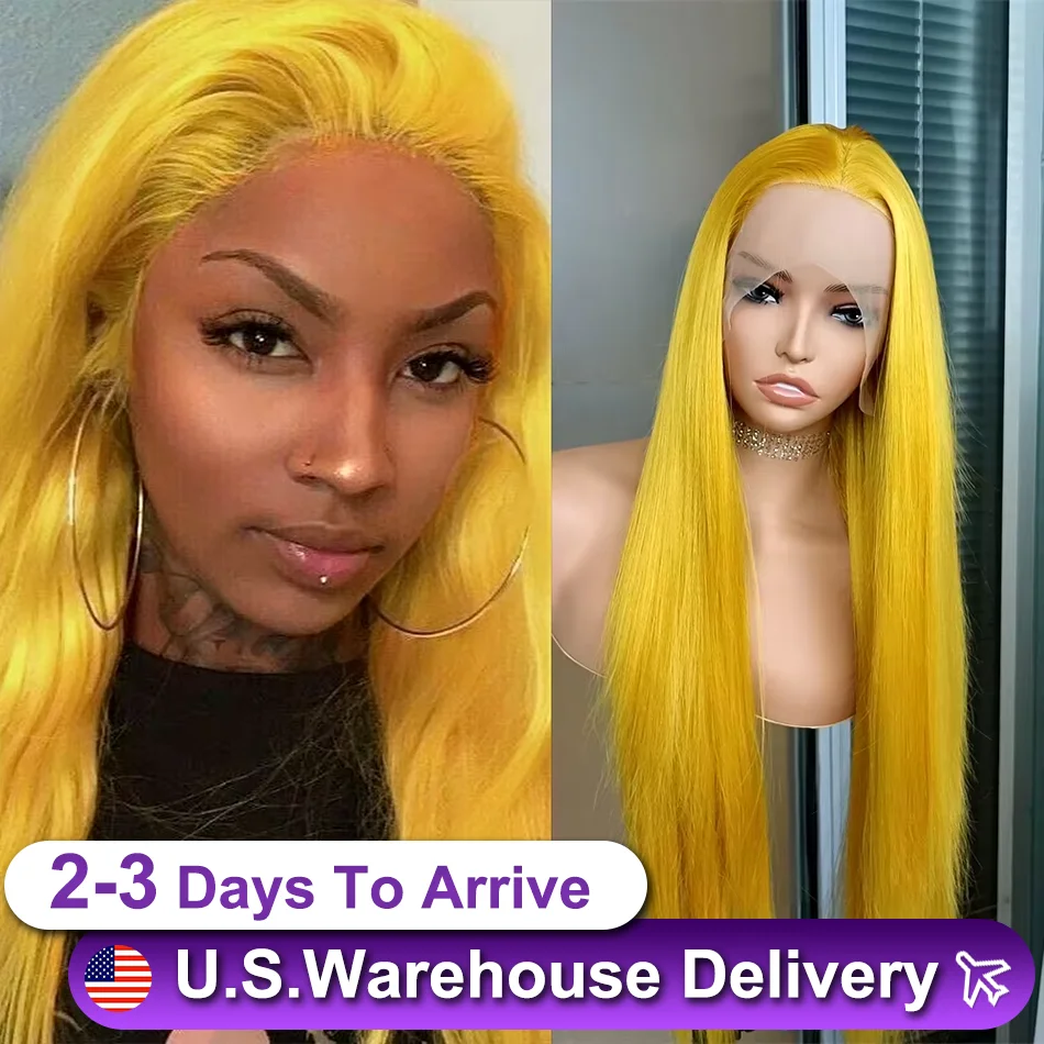 

Yellow Colored 13x6 Lace Front Human Hair Wigs For Women Straight Transparent Lace Frontal Wig Pre Plucked Lemon Yellow Hair Wig