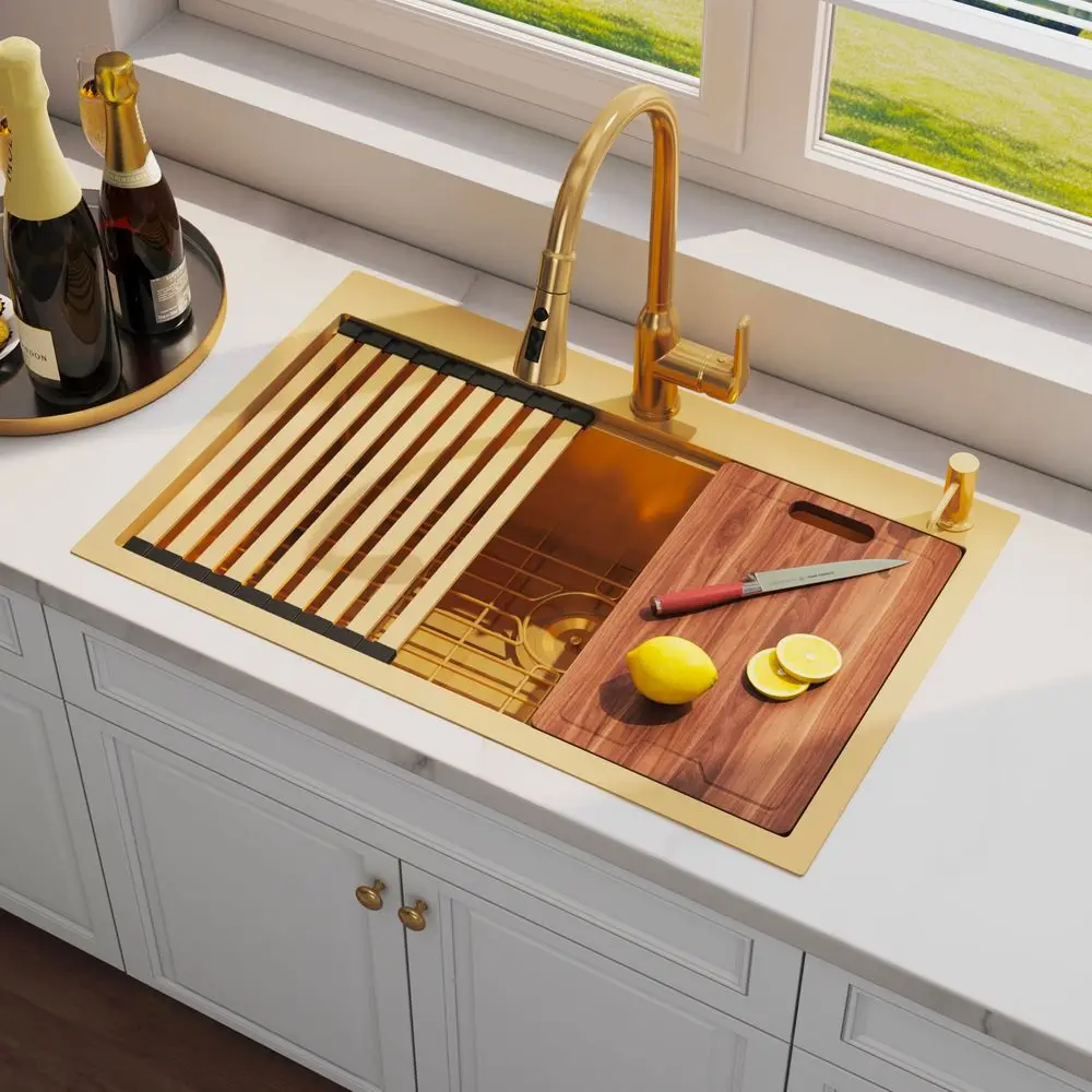 

Inch Drop In Gold Workstation Kitchen Sink 33x22 Topmount 16 Gauge Stainless Steel Spacious Single Bowl Handmade Sinks with Acc