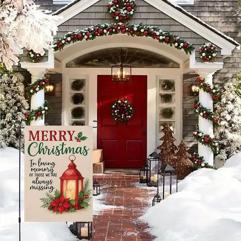 Christmas Memorial Garden Flag 12x18 Inch, In Loving Memory Holiday Yard Flag with Red Lantern and Candle, Double-Sided Burl EEZ