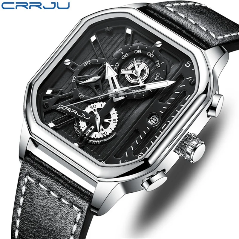 

CRRJU 2302 Leather Square Dial watches for men Luxury Sport Waterproof Watch Man Chronograph Quartz WristWatches montres hommes