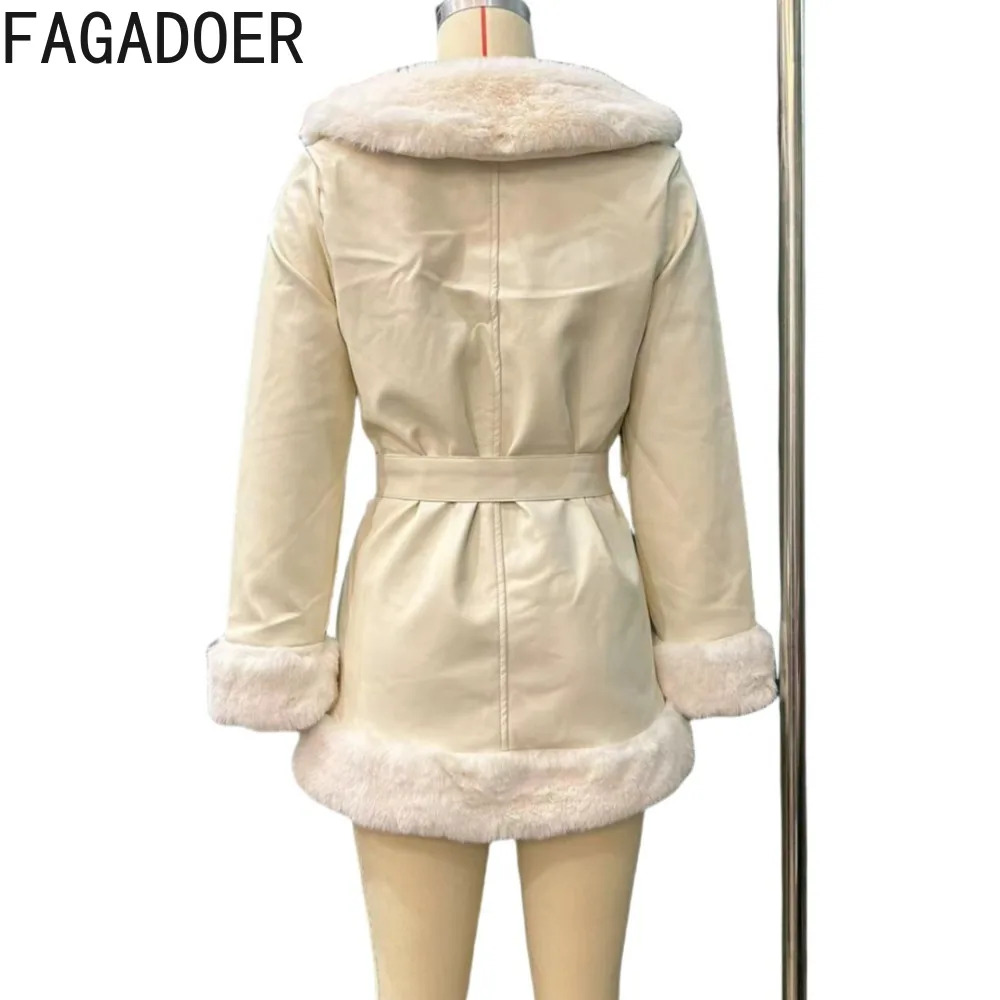 FAGADOER-abrigos de cuero para mujer, Parka corta con cuello de retales de piel de manga larga, cárdigan cálido con cinturón, ropa de calle, invierno, nuevo