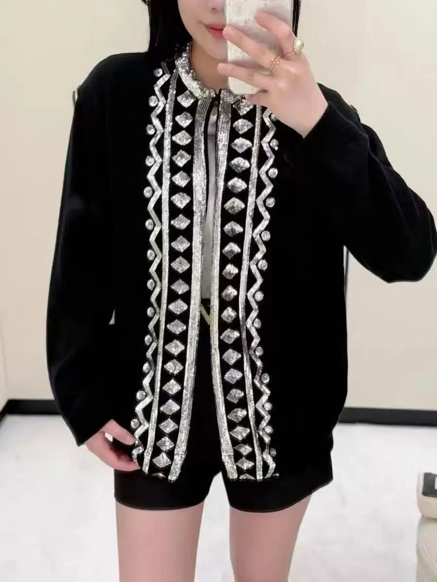 

2025 Autumn Winter Sequin Embroidery Knitted Sweater Long Sleeve Loose Black 100% Wool Cardigan