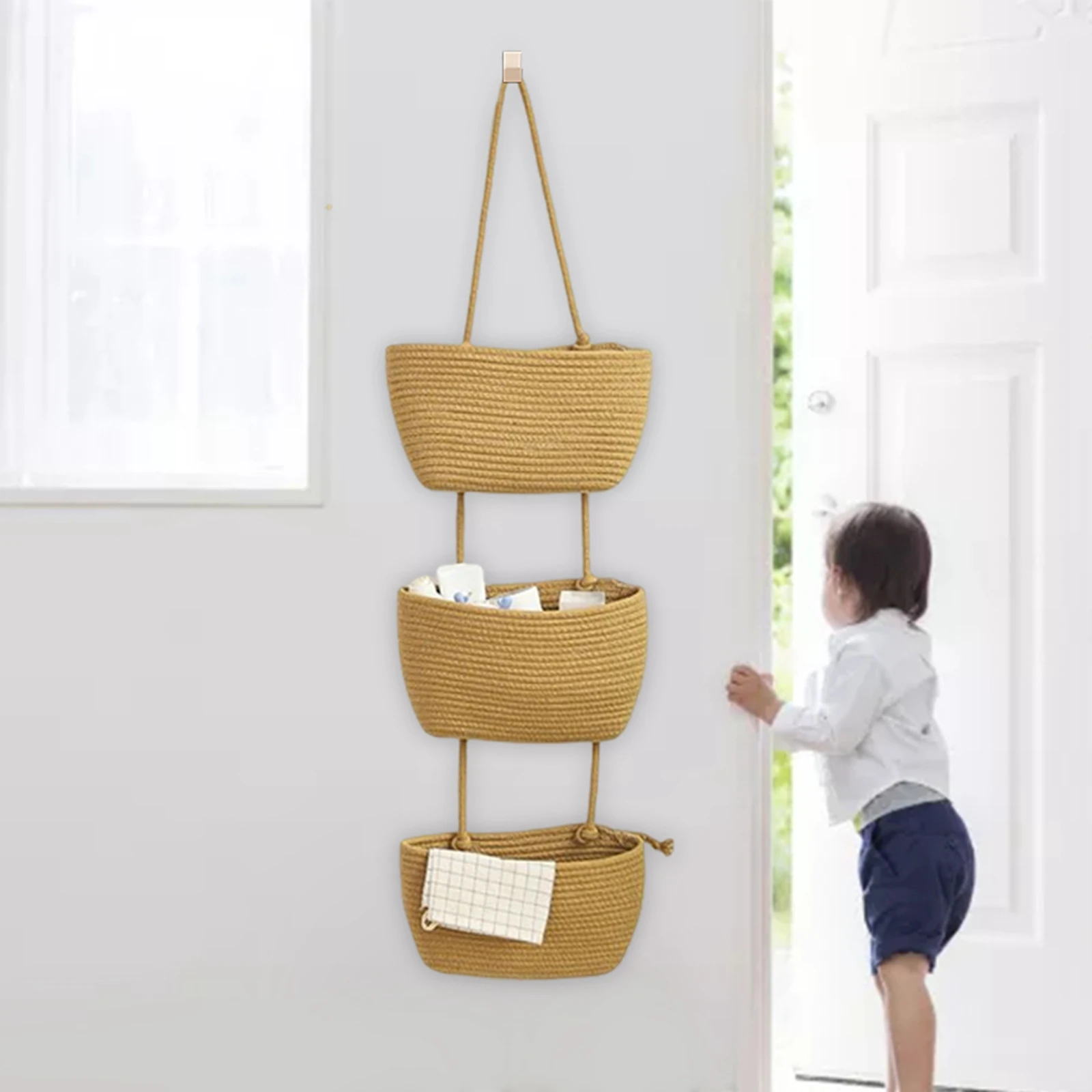 Cotton Rope 3 Tier Hanging Basket Wall Mount Organizer Hand Woven Multifunctional Decorative Magazine Rack for Kids Room Holder