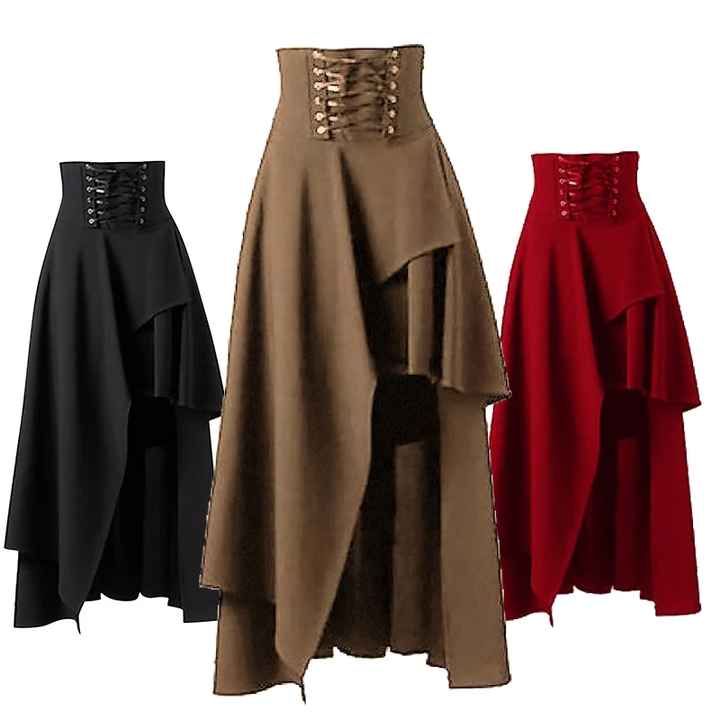 Vintage Gothic Steampunk Bandags Asymmetric Skirt Women Solid Color Lace Up High Waist Casual Irregular Skirt