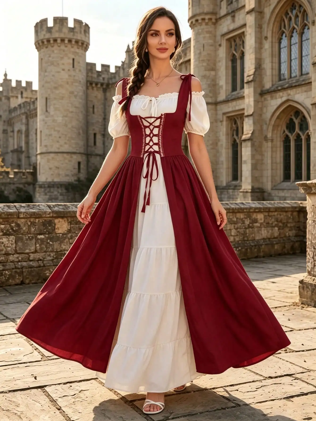 Mittelalterliches Renaissance-Maxikleid, schulterfrei, mit Puffärmeln, Schnürkorsett, Vintage-Stil, für Schlosspartys, Cosplay, langes Kleid – Detail 1