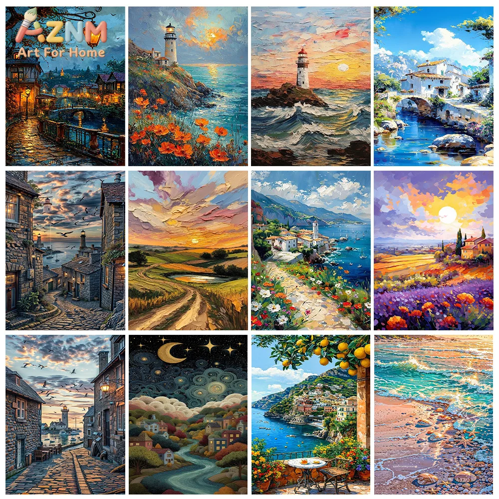 AZNM Impasto Oil Painting Coastal Lighthouse Village Sunset Canvas Wall Art Scenic Landscape Print Unframed Canvas Painting Home