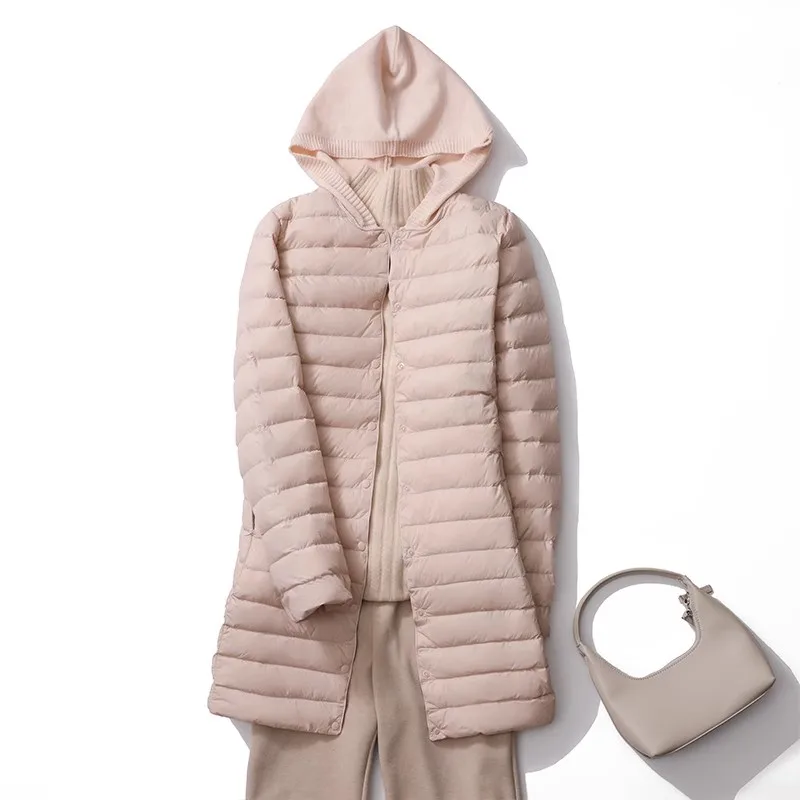 Outono inverno longo de malha retalhos com capuz jaqueta feminina ultra leve fino pato branco para baixo casaco senhoras quente puffer parkas