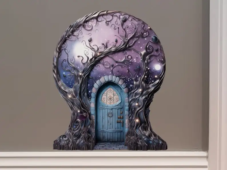 Starry Nebula Sky with Tree House Moon Decor - Fairy Door 3D Wall Sticker