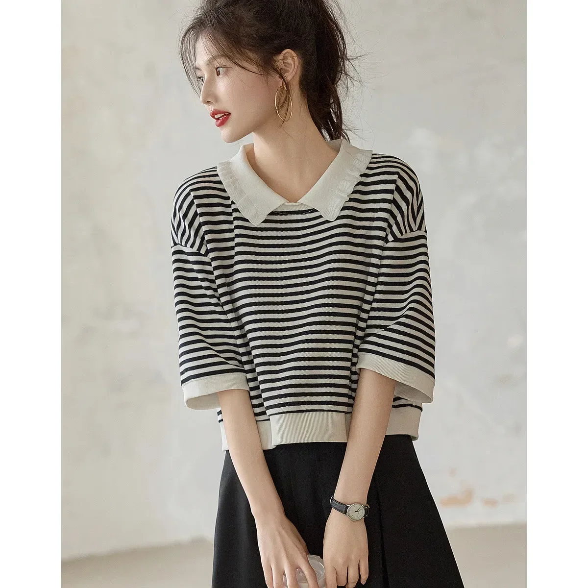Pop Comfortable Striped Knit T-Shirt Women's Style Casual Commute Top With Ruffle Collar Seven Sleeve Length Spring Autumn Seaso