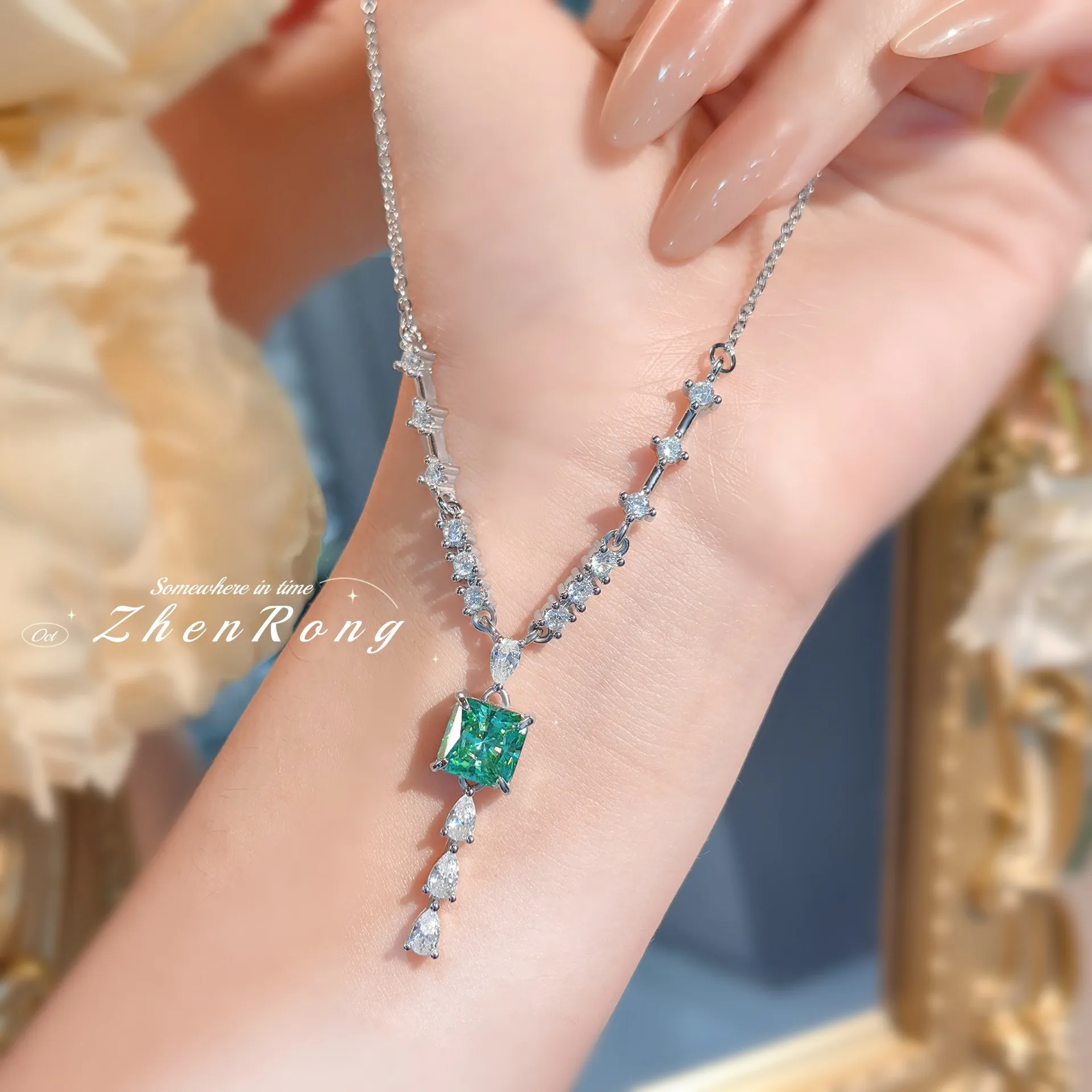 Women S925 Sterling Silver Necklace Ring Combination Set Light Luxury Ice Flower Inlaid High Carbon Square Green Diamond