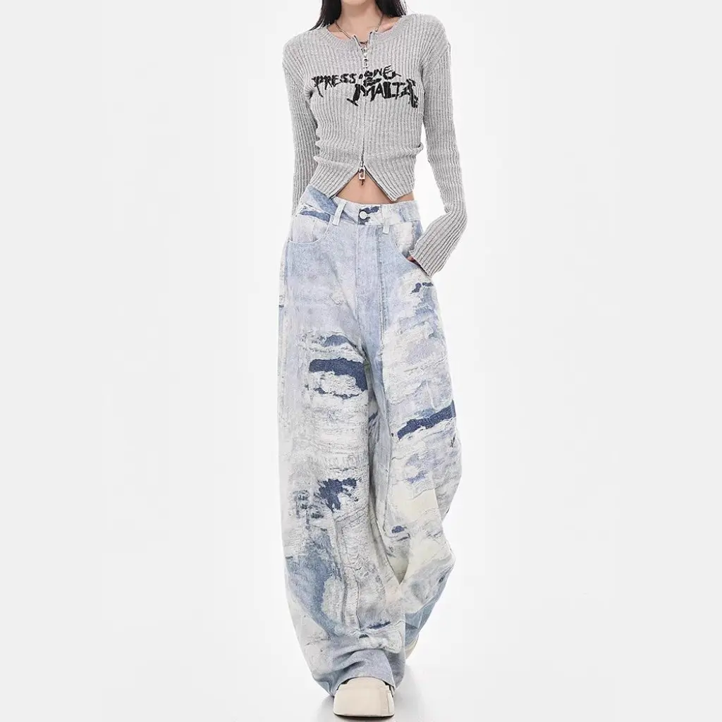 KEN STUDIO damesjeans met hoge taille, slanke wijde pijpen, tie-dye ontwerp, high street style herfst-wintercollectie