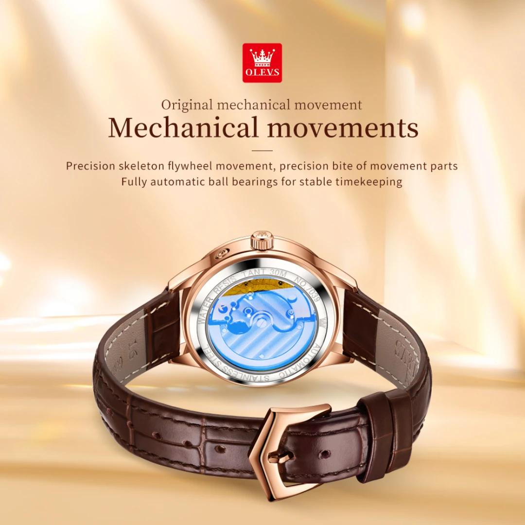 OLEVS 7039 Jam Tangan Mekanis Modis Hadiah Jam Tangan Gelang Kulit Asli Dial Bulat Bercahaya