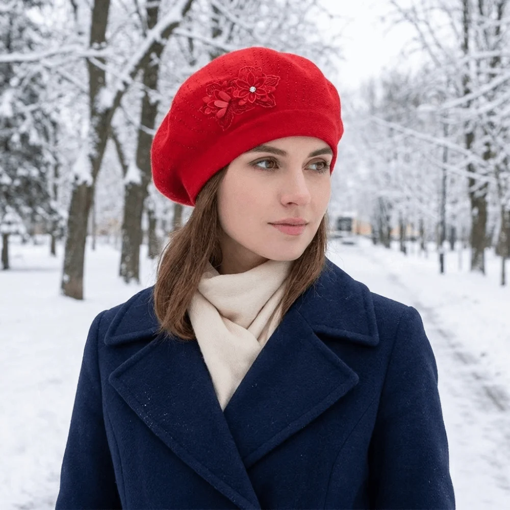 Vintage Solid Color Flower Wool Beret Rhinestone Knitted French Style Painter Cap Soft Warm Beret Hat Women 2