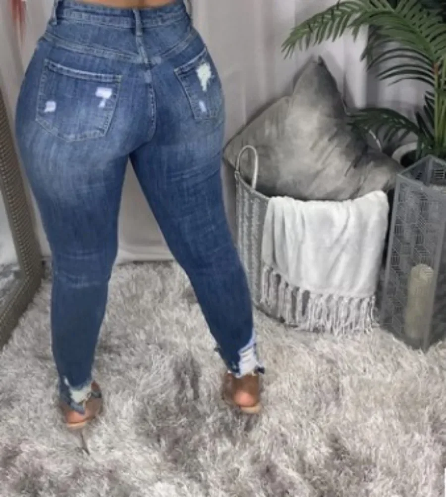 Pantaloni a matita in denim Jeans da donna con foro strappato a vita alta lavato effetto consumato Pantaloni skinny alla caviglia vintage Streetwear