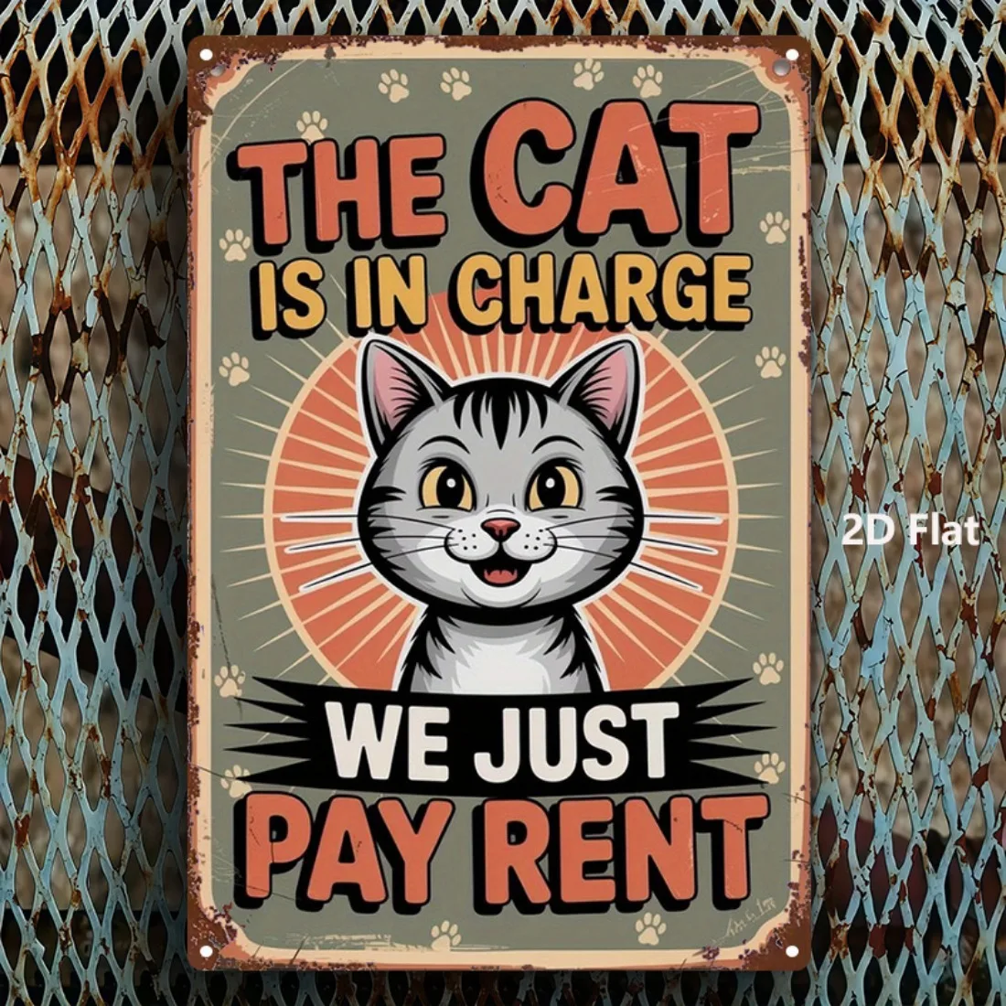 Metallschild „Cat Rules Only Pay Rent“, 2D-Flachstil, 8x12 Zoll (20x30 cm), Bauernhaus-Badezimmer, Haus, Garten, Wandkunst-Dekoration