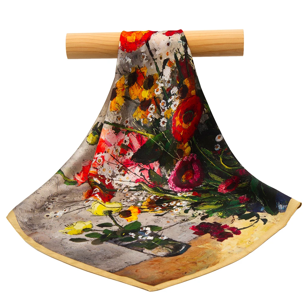 53cm 100% Pure Silk Bandana Women Flowers in Vase Hair Scarf Female Headband Natural Silk Handkerchief Men Pocket Square Gift