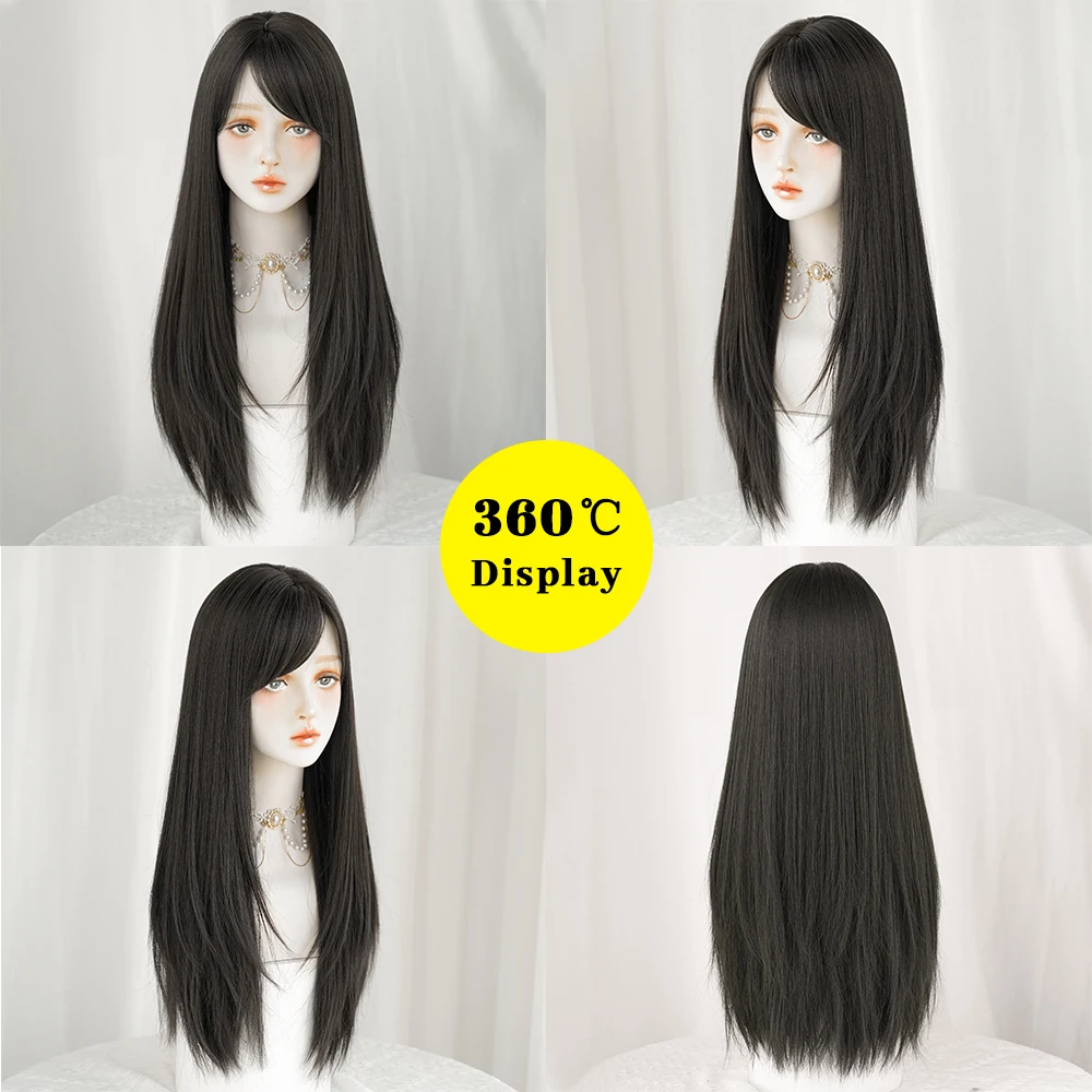 PARK YUN Long straight Dark brown Wig for Women Natural Mid Parting Sweet Synthetic Wigs Heat Resistant Daily Cosplay Lolita Wig