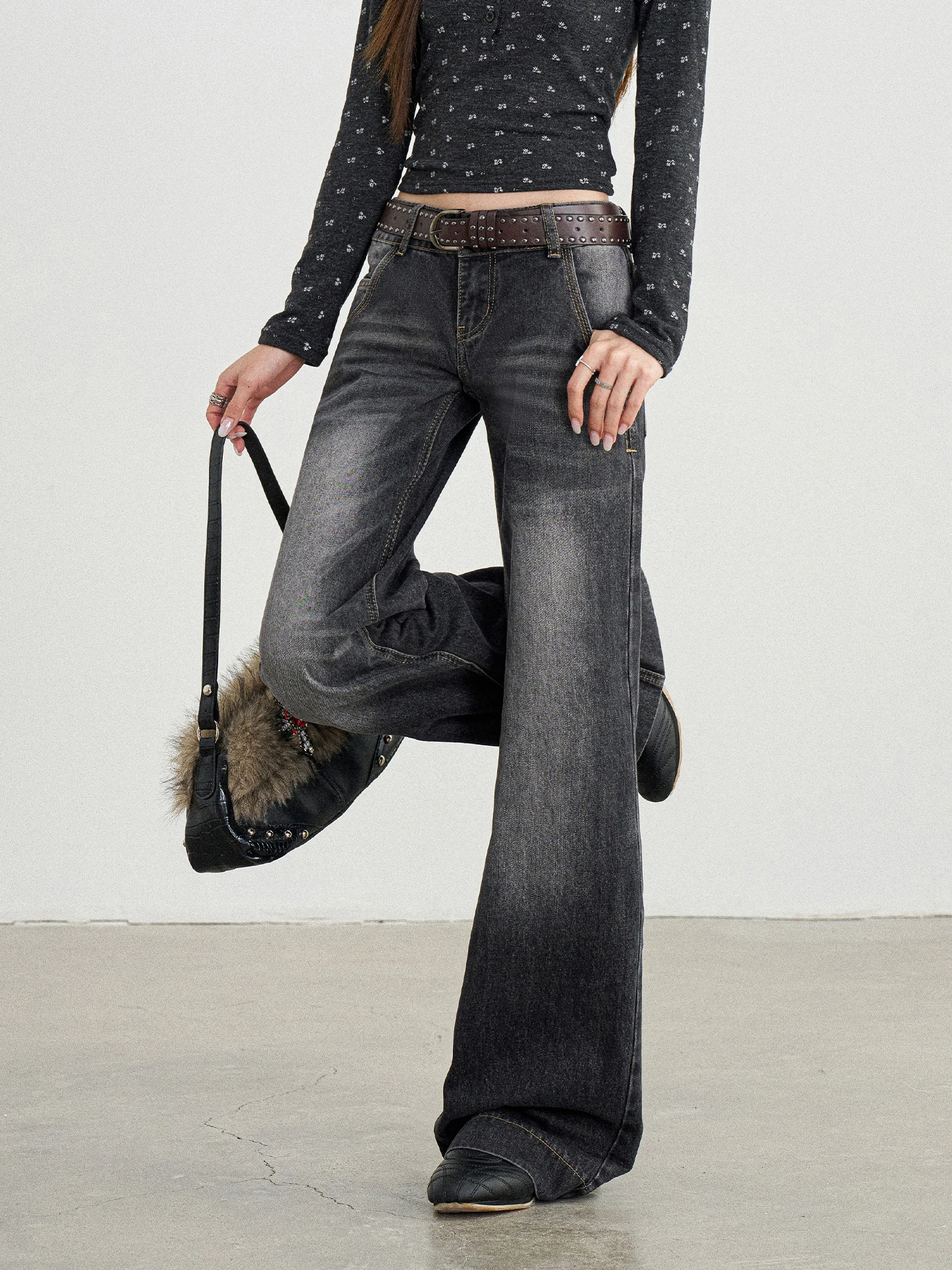 TGXQ Vibe Grey Double Buckle Low Waist Bell Bottom Jeans Women's Fashion 2026 New Style Loose Fit Straight Leg Denim Pants