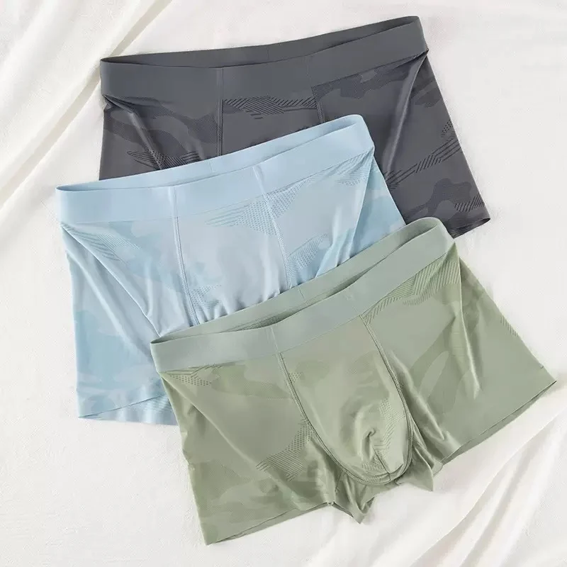 Ice Silk Men's Underwear Camouflage Printed Boxer Shorts Mid-Rise U-Shaped Pouch Underpants Men Breathable Seamless Thin Panties