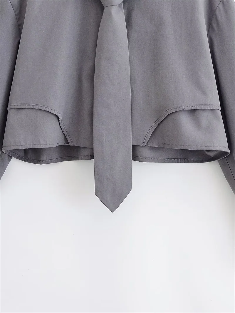 Chemise femme 2025 automne nouveau Style gris à manches longues chemise courte avec cravate décoration Sexy à la mode décontracté et Unique