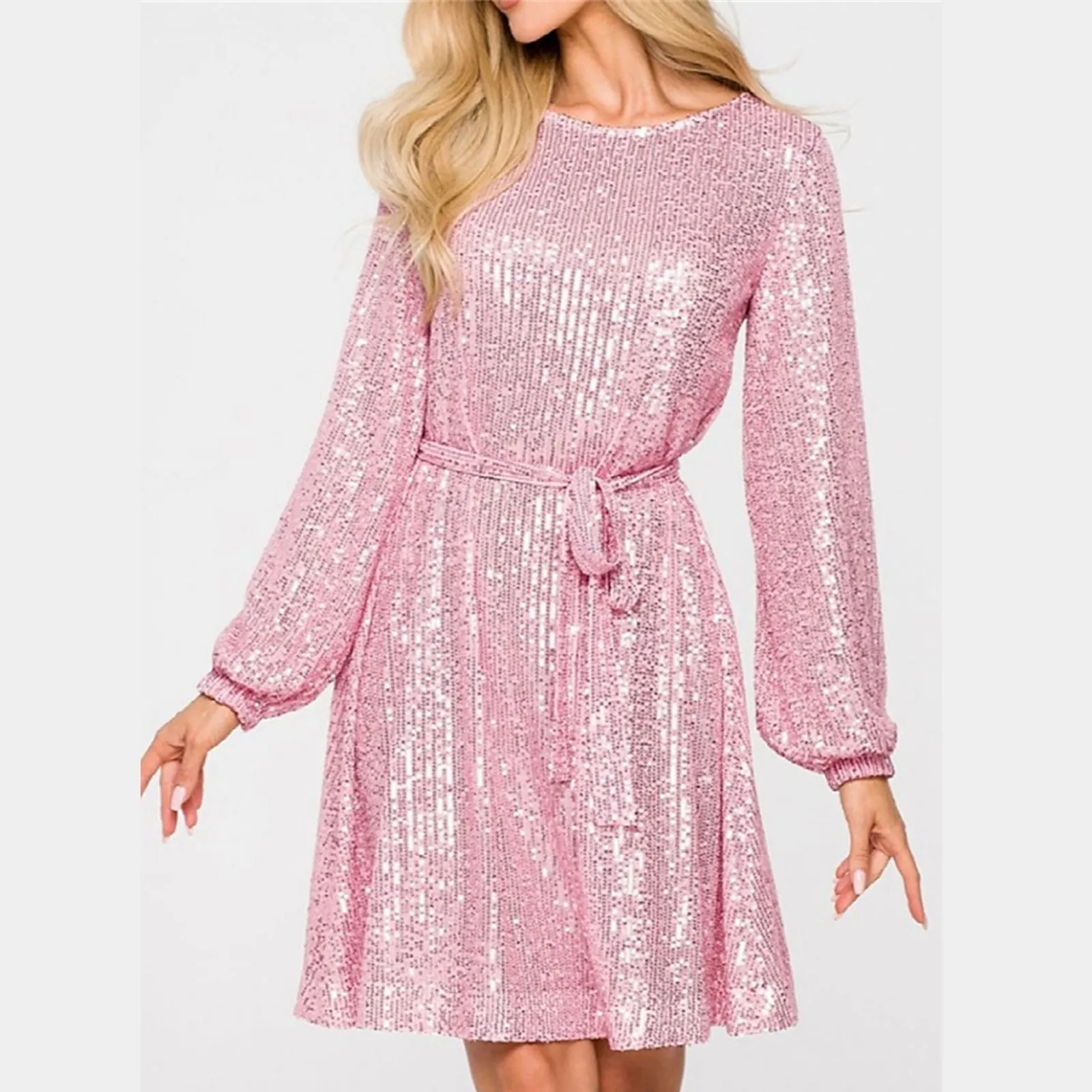 O-Neck Sequins Sparking Flare Sleeve Loose Dress Ladies Elegant Solid Color Dress Knee Length Oversized One-Piece Dress Vestido