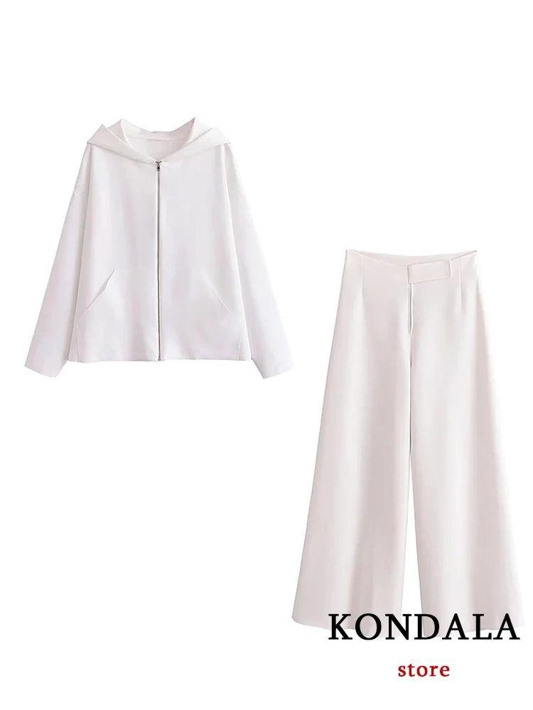 KONDALA Vintage Casual White Women Suit Hooded Loose Jackets+Wide Leg Long Pants New Fashion 2023 Autumn Winter Sports Suit