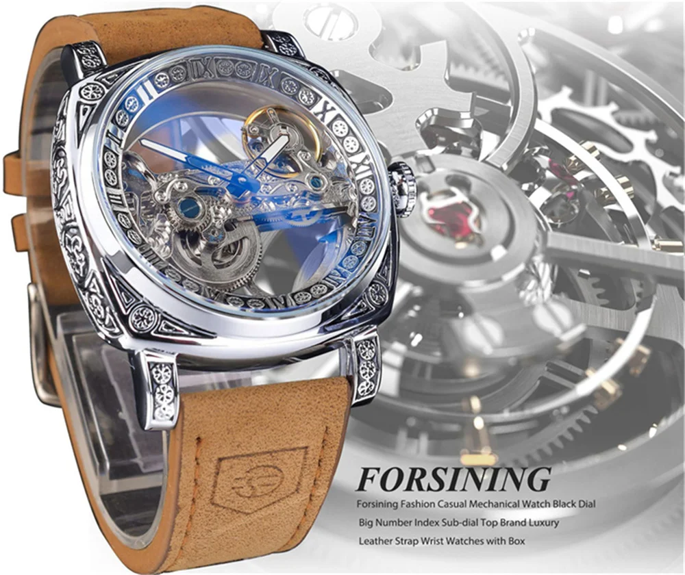 

Forsining 403B Luxury Skeleton Automatic Self-Wind Transparent Mechanical Movement Leather Wristwatch Vintage Royal Mens Gift