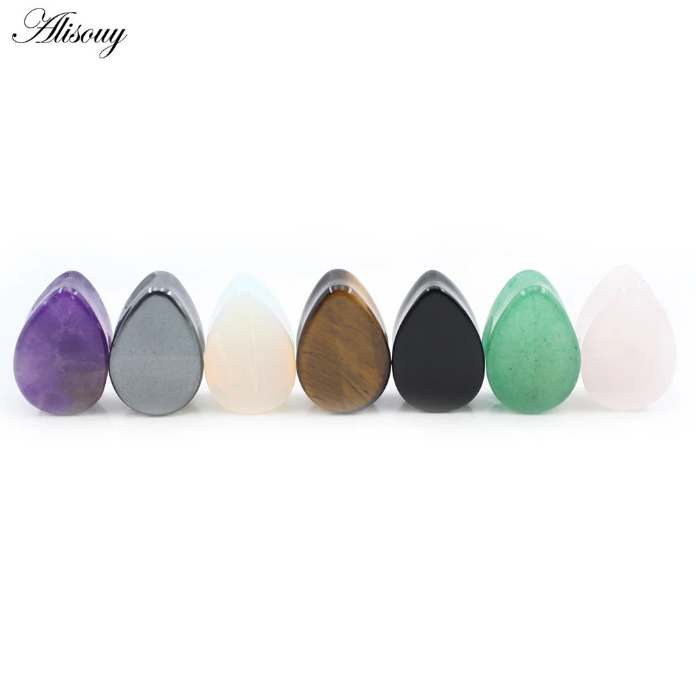 Alisouy 2pcs Natural Stone Flat Surface Water Drop Ear Plugs Tunnels Expander Stretcher Ear Earring Gauges Body Piercing Jewelry