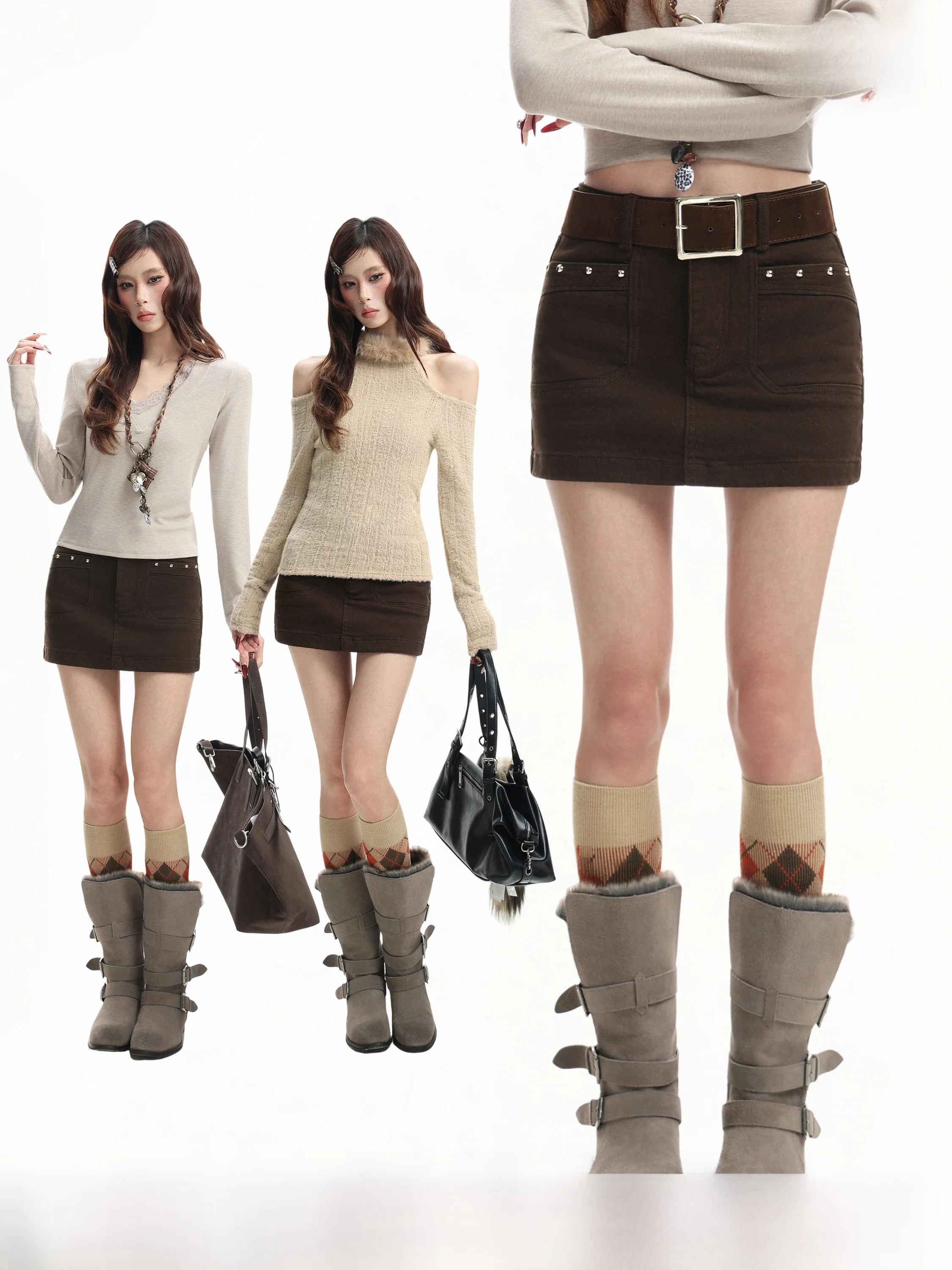 High Waist A-Line  Skirt Women's Summer New Style Retro Coffee Color Denim Skirt Slimming Short Skirt with Sleeve