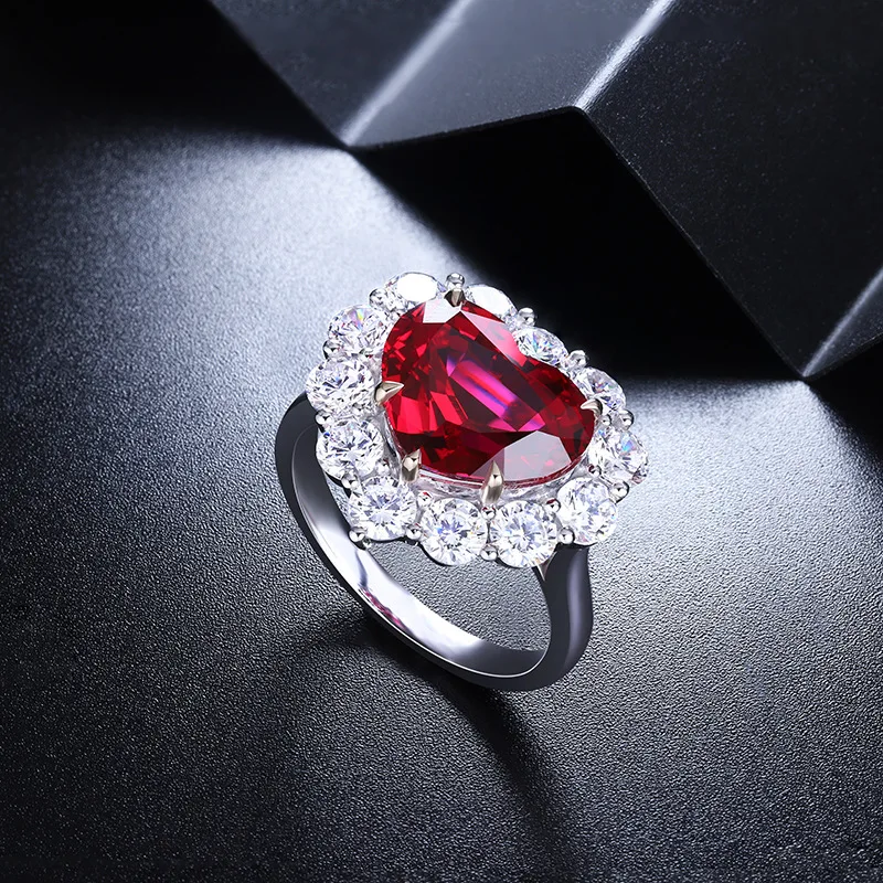 Big Size Lab Grown Red Ruby Heart Cut Pigeon Blood Color Silver Ring For Women Jewelry Engagement Ring