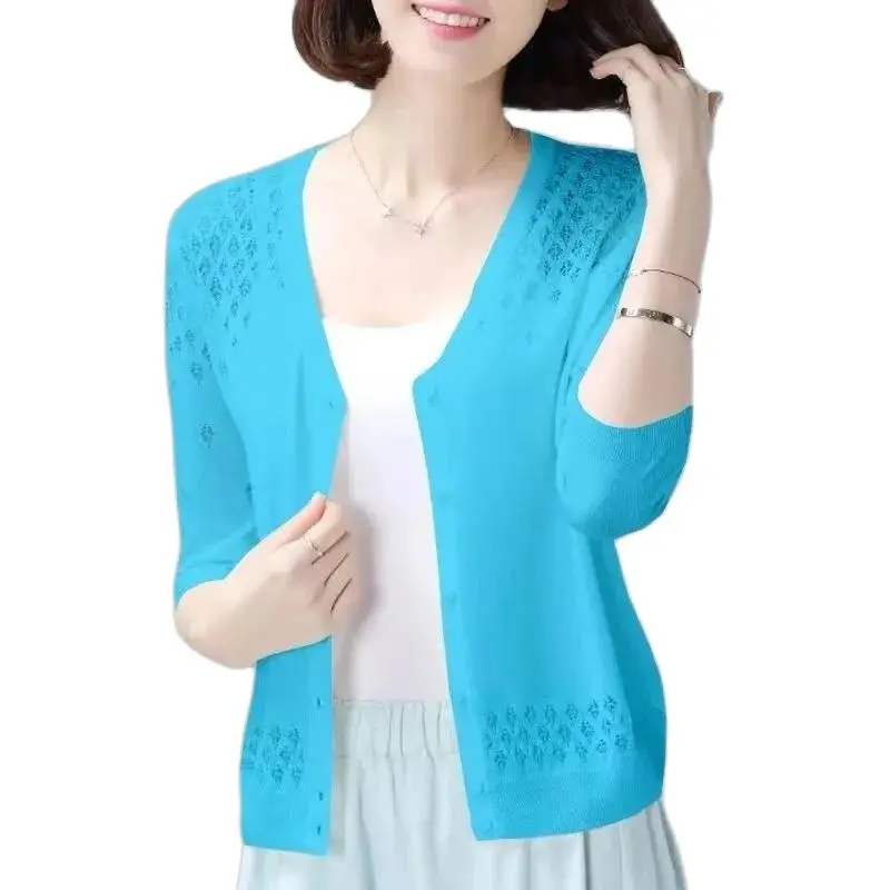 

Knitwear Women Knitted Cardigan Sweater Summer Ice Silk Shawl Coat Short Sun Protection Shirt Thin Jacket Female Tops 2023 New