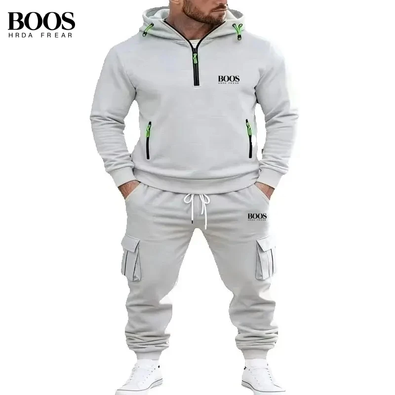

Spring and Autumn Men's High Quality Hoodie with Pocket Pants Set New Fashionable Sports Versatile Two Piece Set
