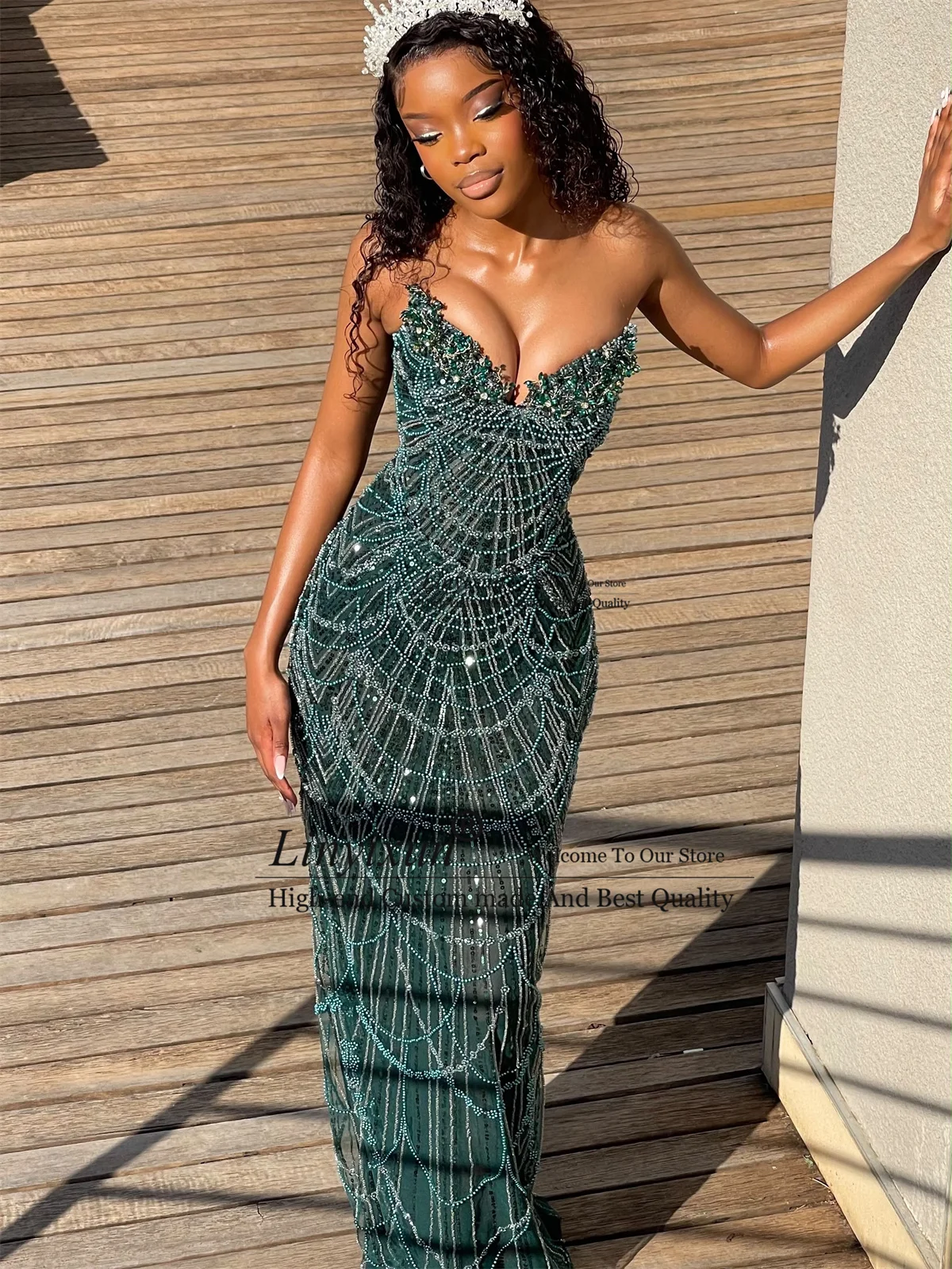 Glitter Sequins Beaded Mermaid Prom Dress Customized Arabic Dubai Formal Wedding Evening Party Gown Aso Ebi Long Robe De Soire