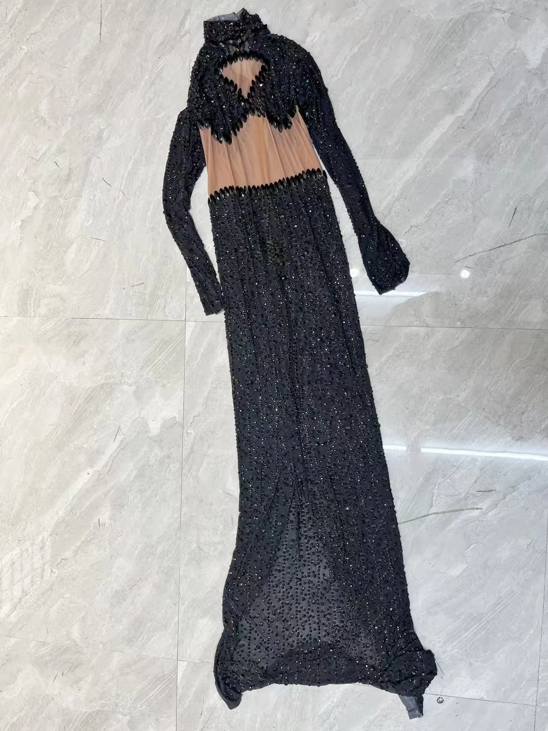 Sparkly Zwarte Strass Mesh Sheer Sexy Avondjurk Nachtclub Verjaardagsfeestje Elegante Lange Mouw Jurk Fotoshoot Wear Qinghu