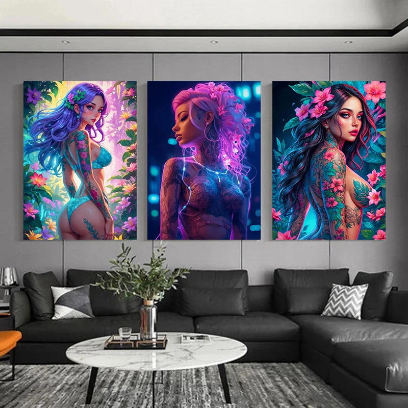 Erotic Flower Lady Neon Beautiful Nude Girl Woman Tattoo Merging Nature Poster Wall Art Pictures Canvas Painting Room Home Decor