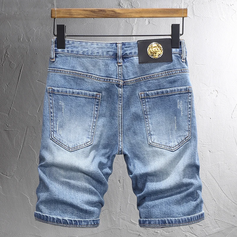 y2k fashion new denim shorts scratch washed nostalgic stretch slim fit retro light blue embroidered jeans high street hip-h