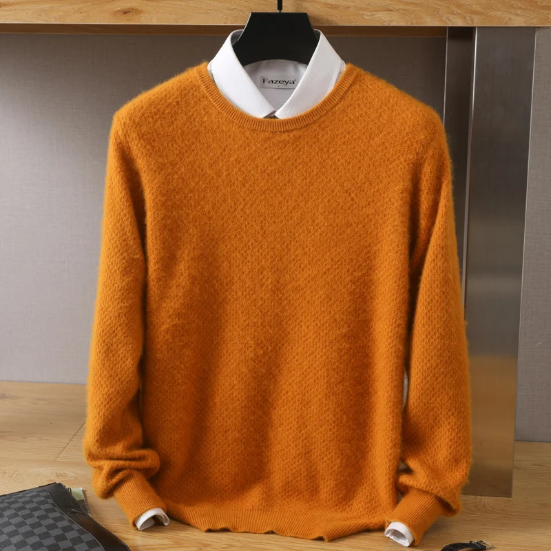 2023 Men\'s 100% Pure Mink Cashmere Shirt Round Neck Pullover Versatile Casual Knitting Warm Long Sleeve High End Rice Grain Top