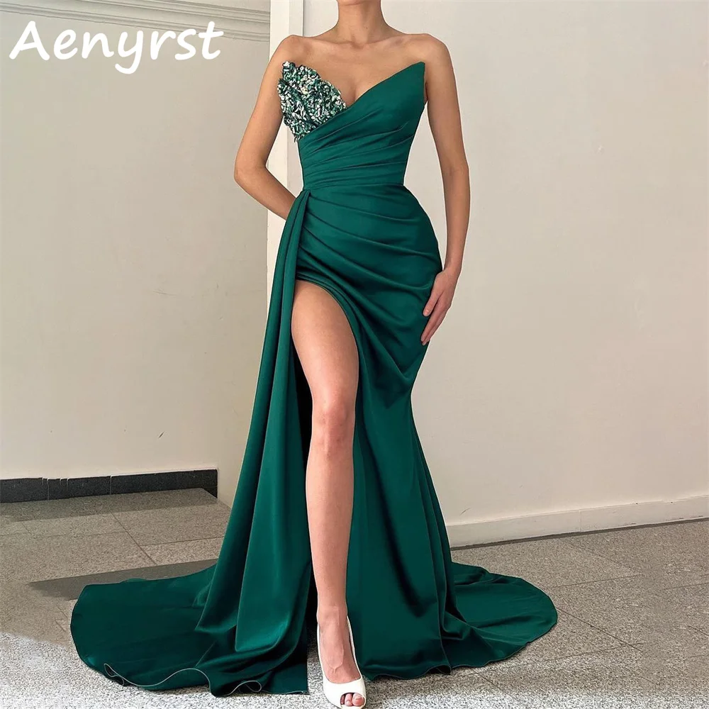 

Aenryst V Neck Strapless Mermaid Satin Evening Dresses Pleated Side High Split Prom Dress Floor Length Party Gown Custom Made