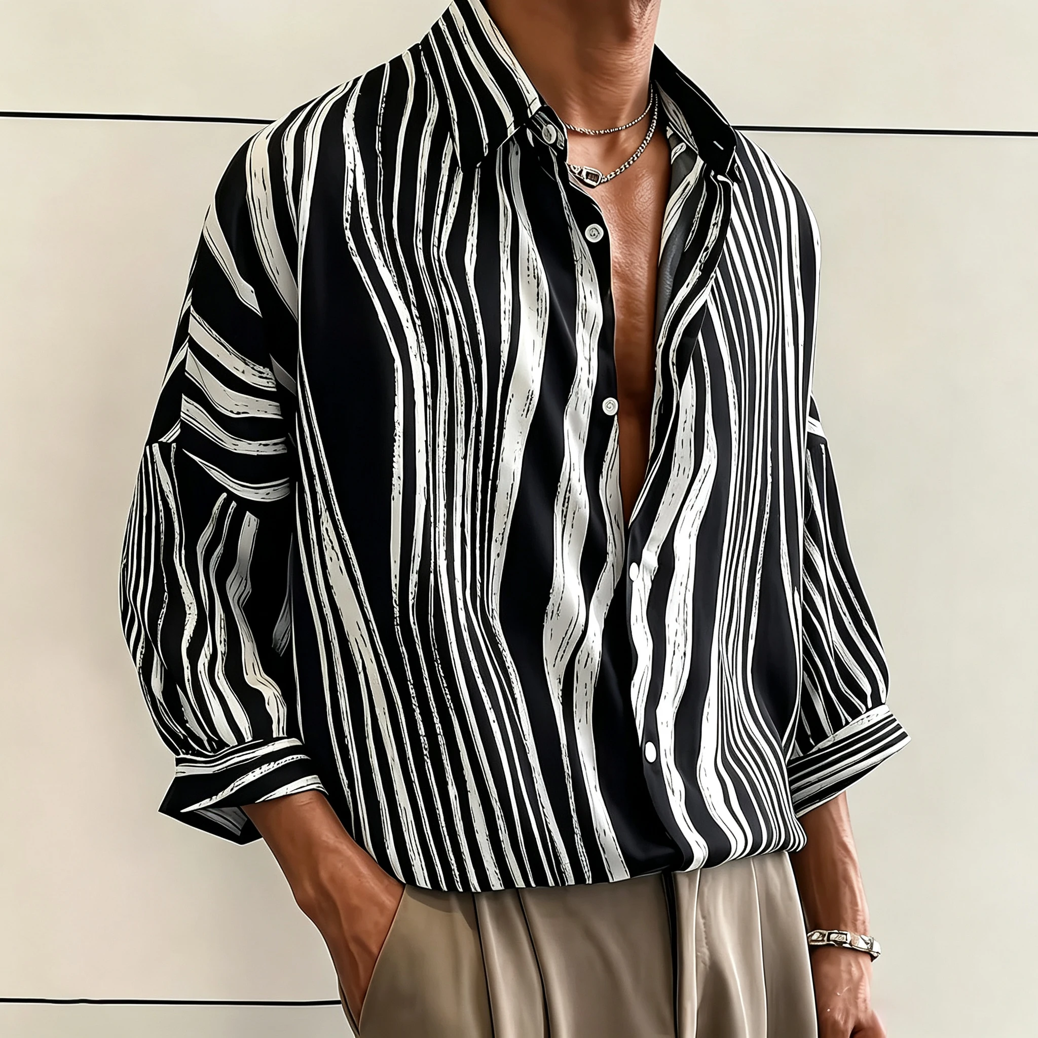 Retro-style all-over print men's long-sleeved shirt, high-elasticity, relaxed style, versatile and trendy top for commuting.