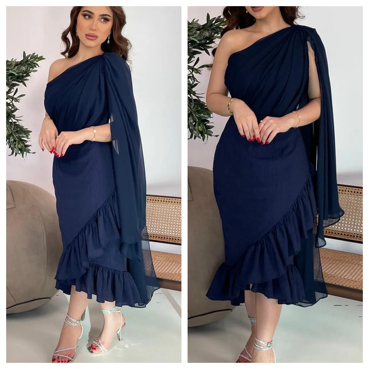 

Customized Evening Dress Exquisite Chiffon One Shoulder Sleeveless Prom Gowns Simple Asymmetrical Tea Length Celebrity Gowns