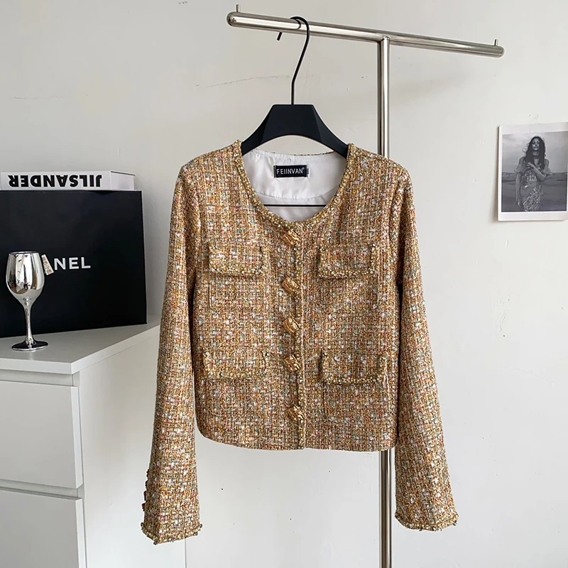 

French style high-end small fragrance heavy industry nail bead coarse woolen coat women's autumn versatile and slimming jacket