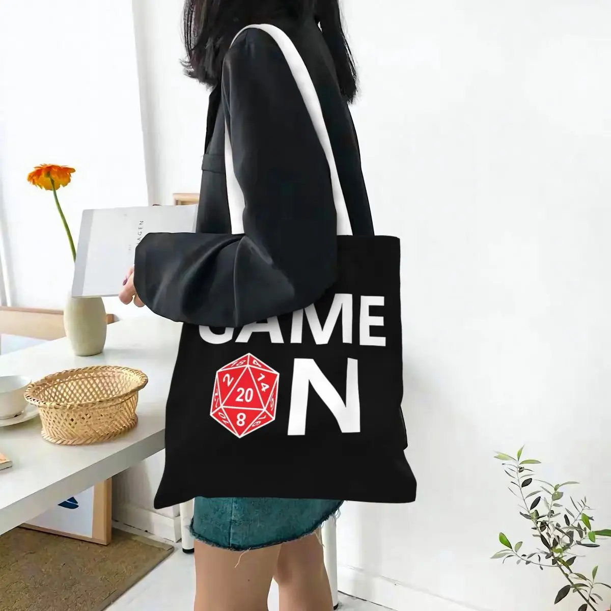 Roll Initiative Dungeon And Dragon Game Shopping Bags Canvas The Tote Bag Foldable for Girls Shoulder Tote Travel Handbag