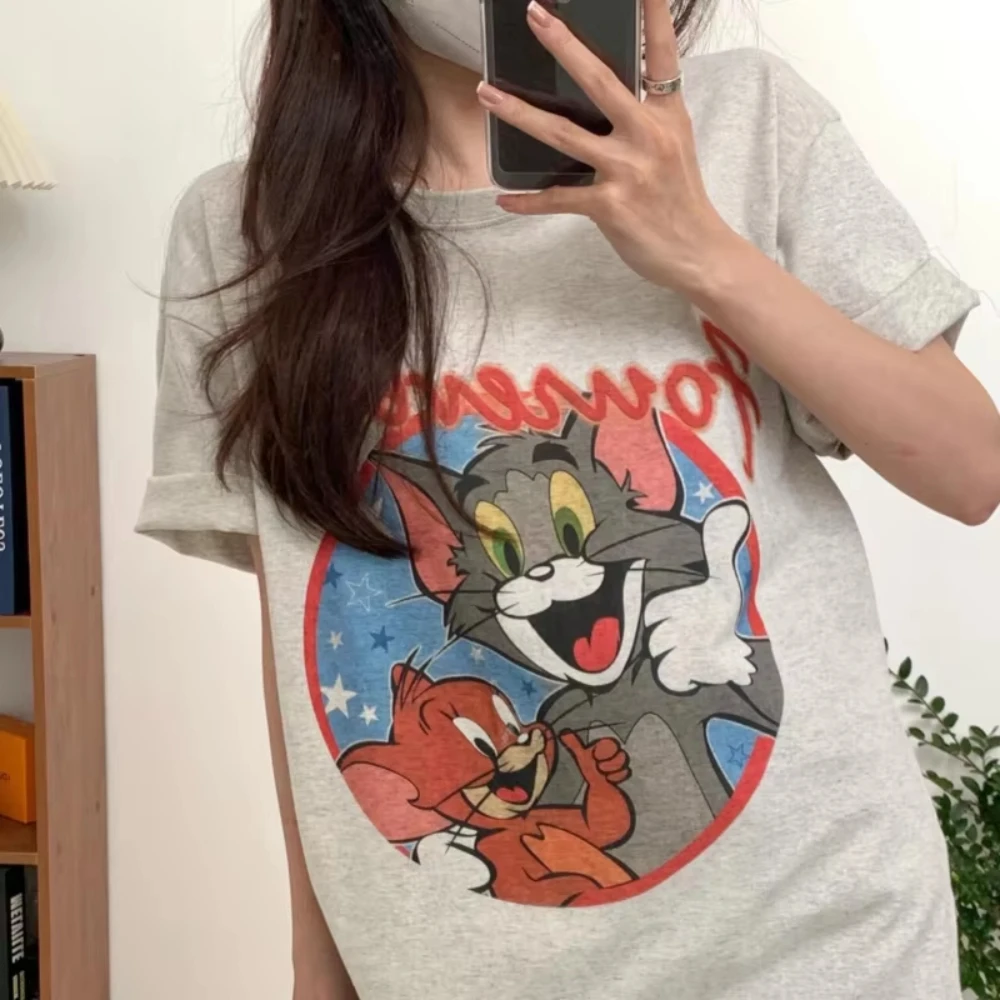 

MINISO Retro American Cartoon round Ne T-irt Women's Loose Fit ort Sve Pure Cotton Versatile Summer Top